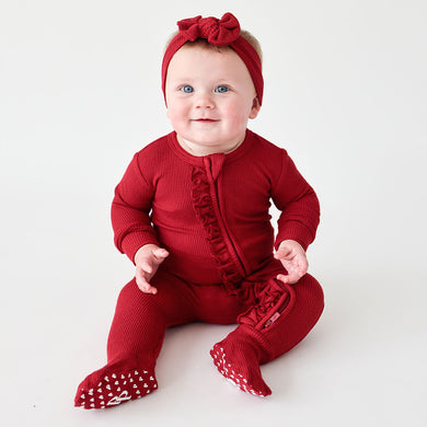 Posh Peanut Footie Ruffled Zippered One Piece - Maroon Waffle